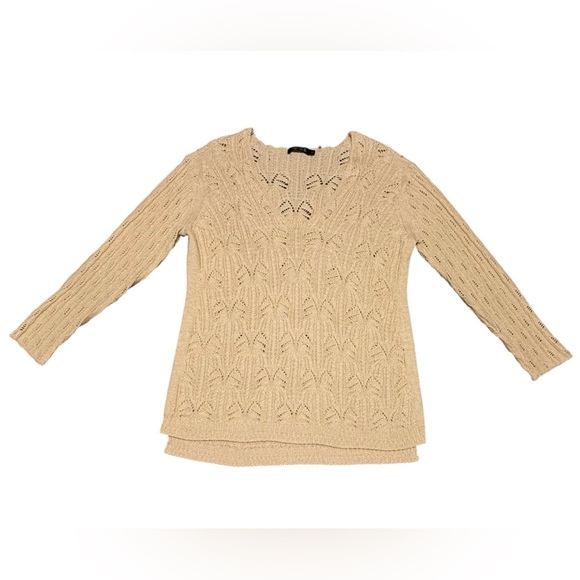 NIC+ZOE Sweaters - NIC+ZOE Cream V-Neck Open-weave Cable Knot Crochet 3/4 Sleeve Sweater Small